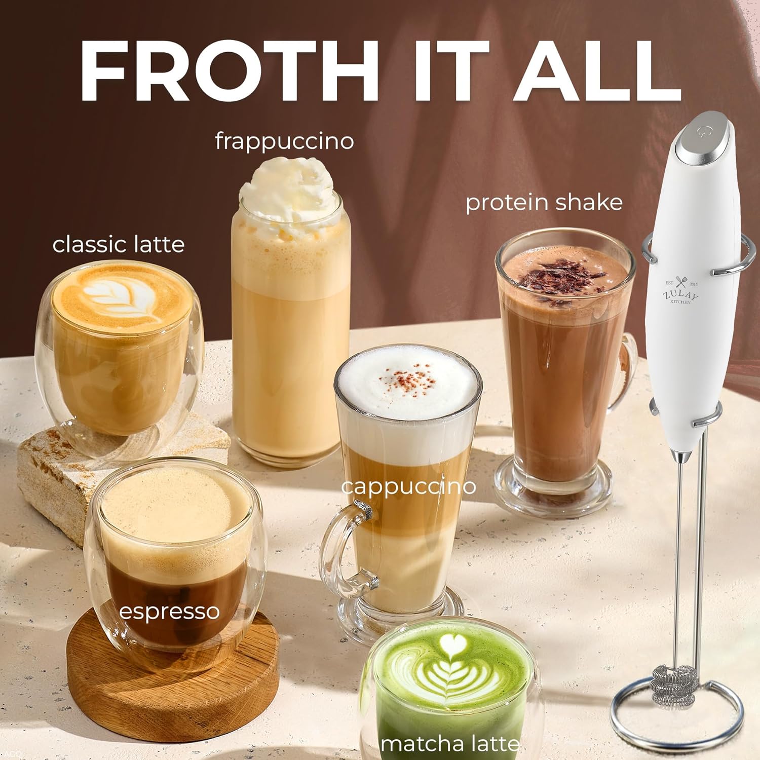 Zulay Kitchen Tornado Triple Whisk Milk Frother - Handheld Foam Maker for Coffee & Lattes | Blizzard White, 4 Batteries Included
