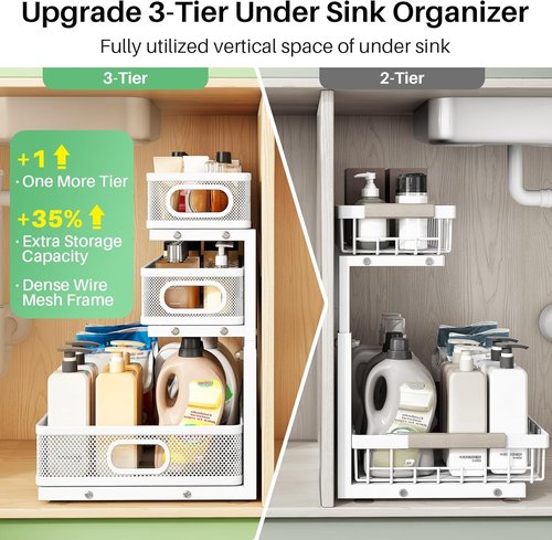 Kitstorack Under Sink Organizer - 3-Tier Height Adjustable Metal Storage Shelf | 2-Pack for Kitchen & Bathroom