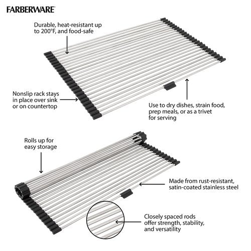 Farberware Space Saving Roll Up Over The Sink Dish Drying Mat with Rust Resistant Stainless Steel Wires with Non Slip BPA Free Food Safe Caps, Large, Silver/Black