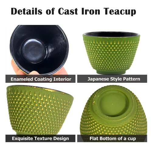 SECHUDO Japanese Cast Iron Tea Cups, Small and Heavy Teacups with no Handles, Japanese Style Cup for Adults, Asian Teacups, Coated with Enameled Interior, 4 Pcs/Box (Green, 2oz/60ml)