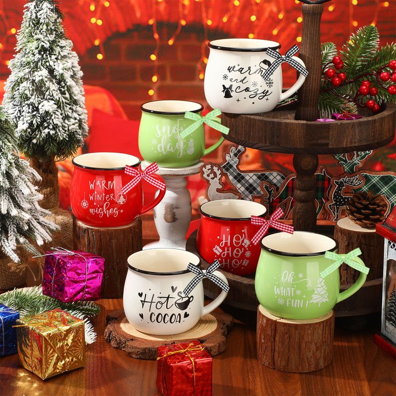 Suttmin 12 Pcs Ceramic Christmas Mugs Set 12 oz Christmas Coffee Cups with Ribbon for Tea and Coffee Xmas Holiday Gift Tiered Tray Decor for Hot Cocoa Kitchen Table, Red, Green, White