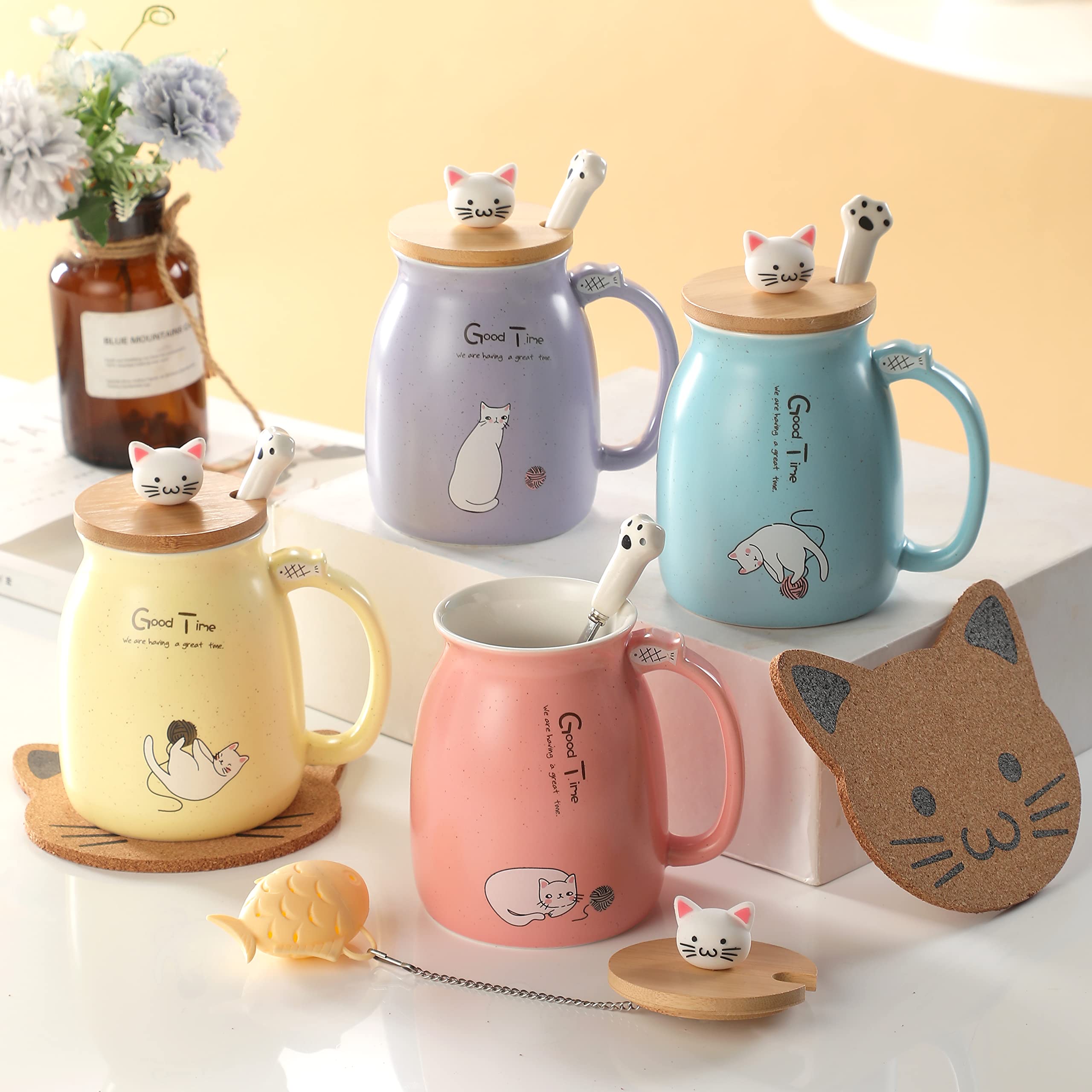 BigNoseDeer Kawaii Tea Cup with Infuser Cute Cat Mug Ceramic Coffee Mug Tea Mug Pink Cute Cool Preppy Stuff Gifts for Women Cat lover Gifts 13oz