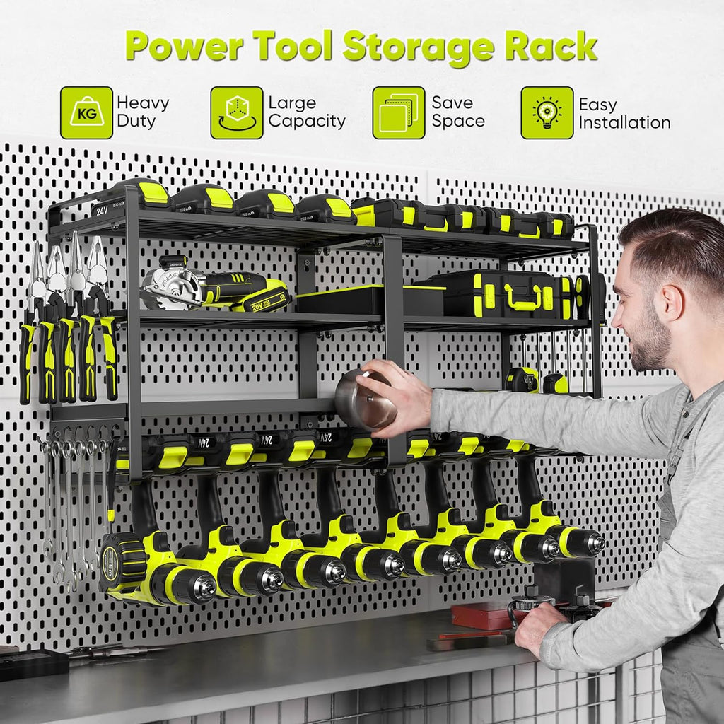 POKIPO Heavy Duty Power Tool Organizer - 33" Wall Mount Holds 400 lbs | 8 Drill & 4-Tier Battery Storage for Garage