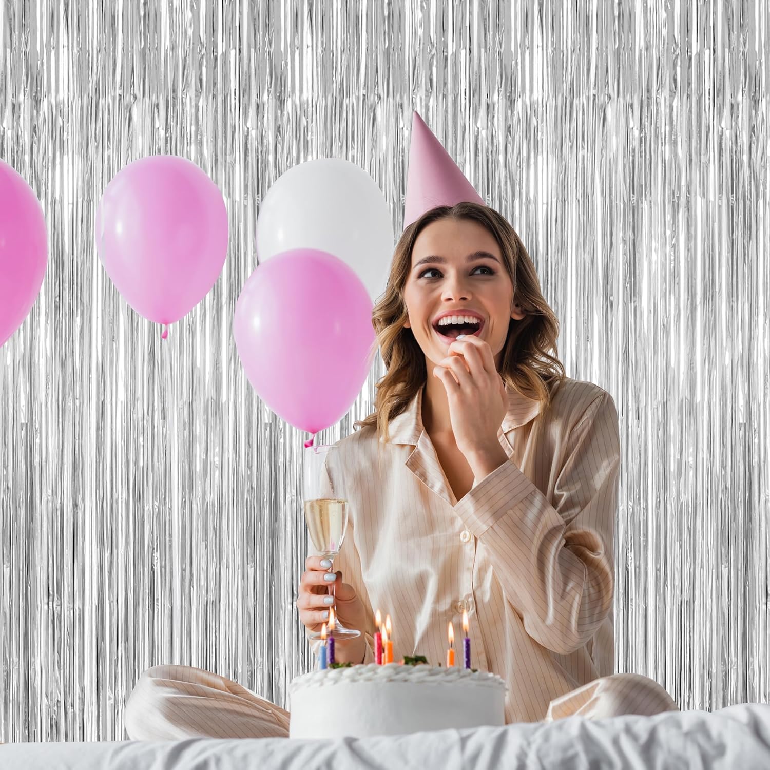 Skiennix Tinsel Backdrop - 2 Pack Silver Fringe Curtains for Birthday Party Decorations | 3.28 FT x 7.05 FT