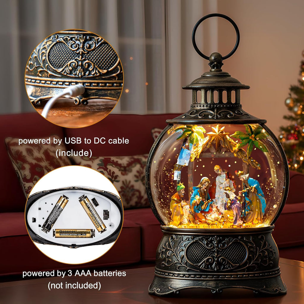Regine Switzerland Christmas Snow Globe Lantern - Musical Holy Family Nativity Scene | 6H Timer, USB & Battery Operated