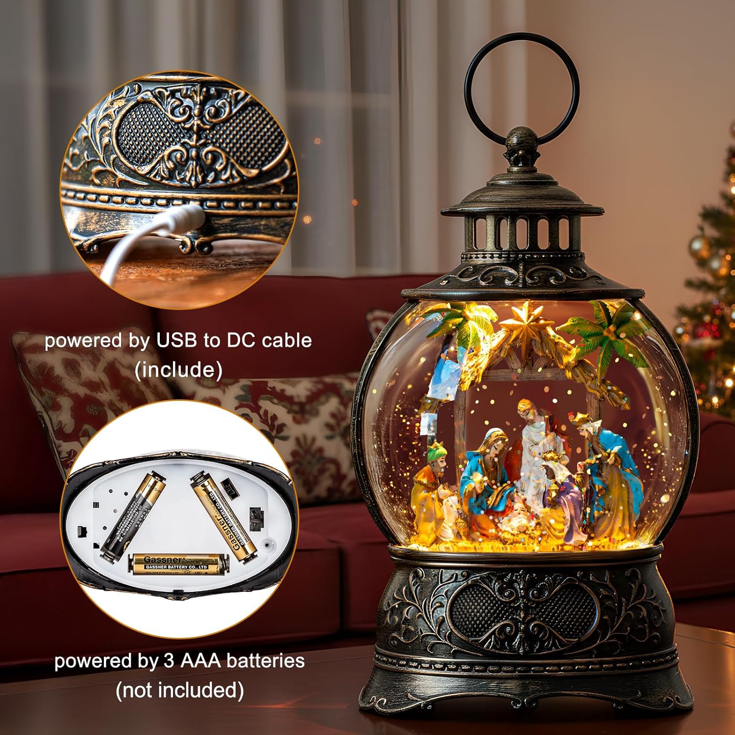 Regine Switzerland Christmas Snow Globe Lantern - Musical Holy Family Nativity Scene | 6H Timer, USB & Battery Operated