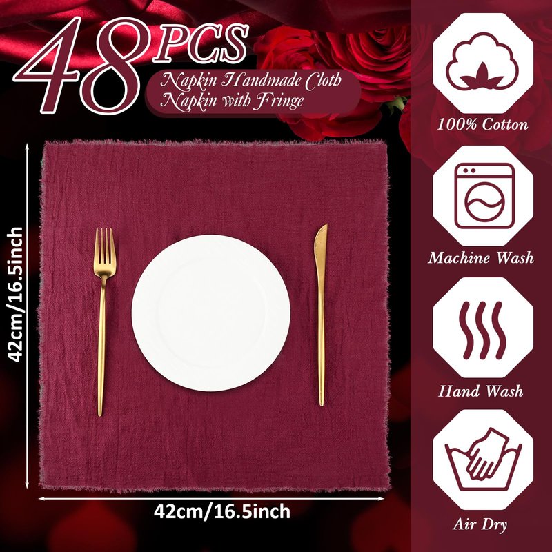 Buryeah 48 Pcs Cotton Linen Cloth Napkins with Fringe 16.5 x 16.5 Inch Square Rustic Dinner Linen Napkins Bulk for Wedding Party Banquet Dinner (Wine Red)