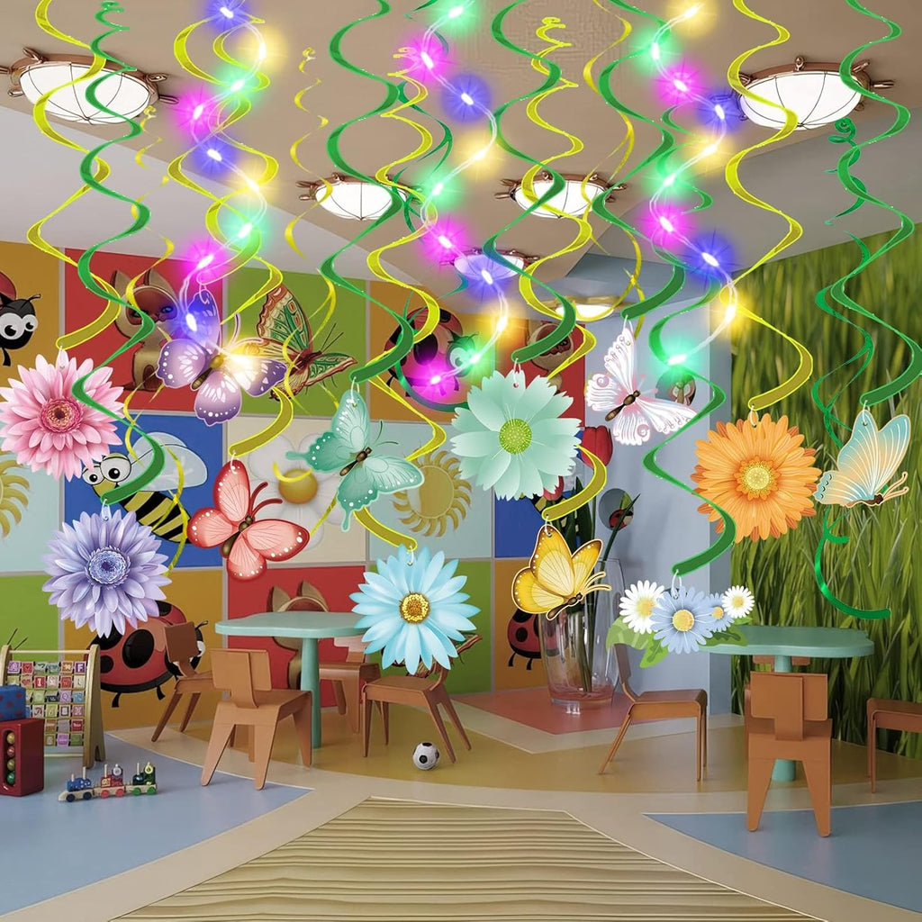 Skiennix 33-Piece Spring Hanging Decorations | LED Flower & Butterfly Swirls for Easter Parties