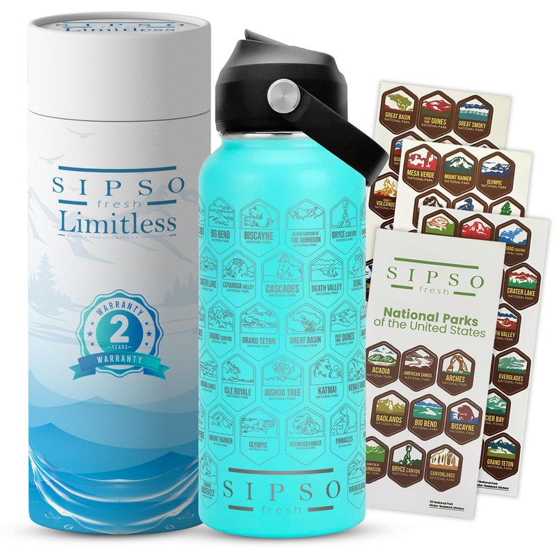 SIPSO fresh Hiking Gift Water Bottle – 32 oz Vacuum Insulated Stainless Steel National Park Water Bottle | 63 Waterproof Stickers & Premium Gift Box | Camping & Outdoor Adventure Gifts (Turquoise)