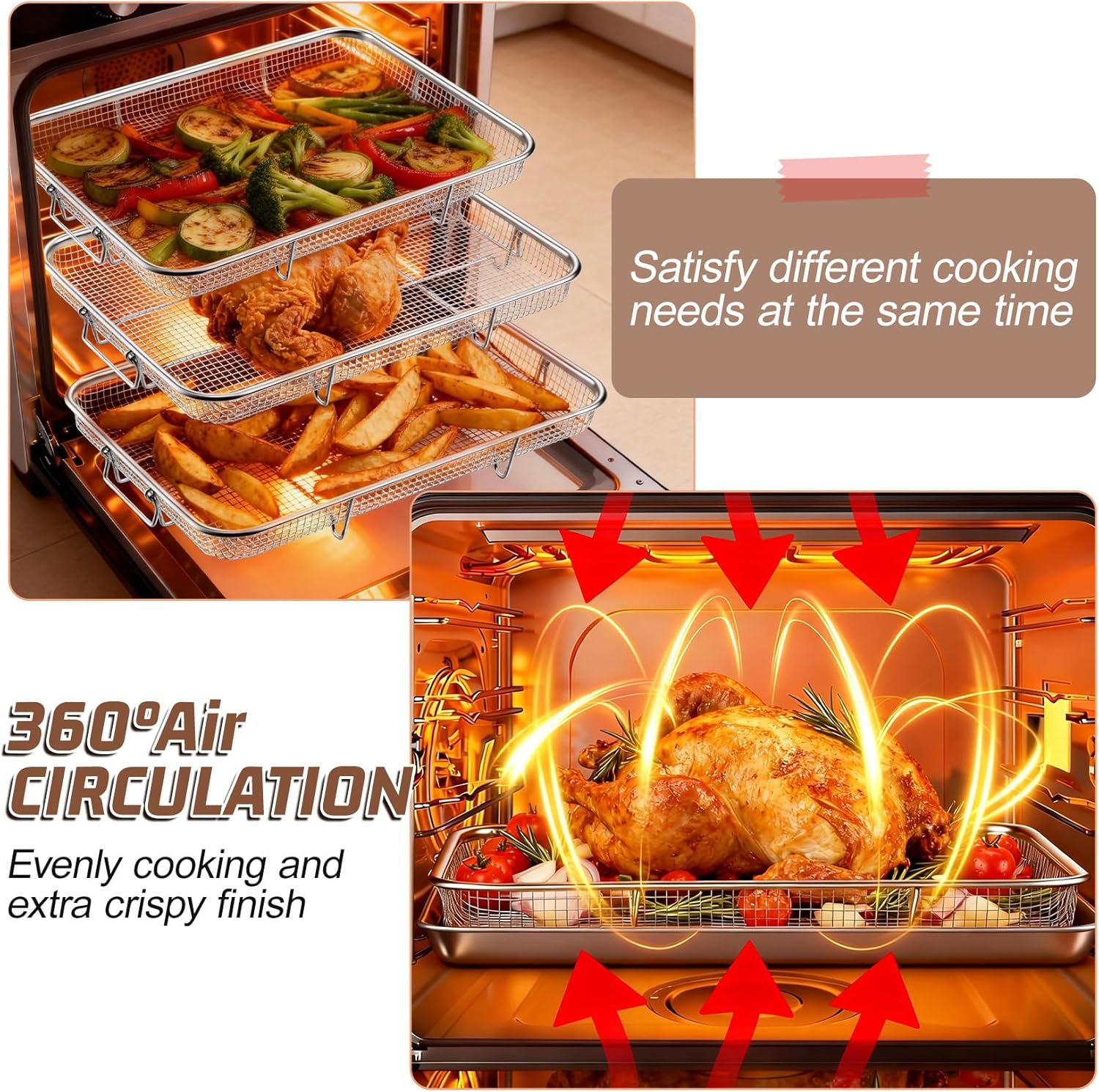 P&P CHEF Air Fryer Basket Set - 15.4 Inch Stainless Steel Racks for Cooking & Baking | Non-Toxic & Dishwasher Safe