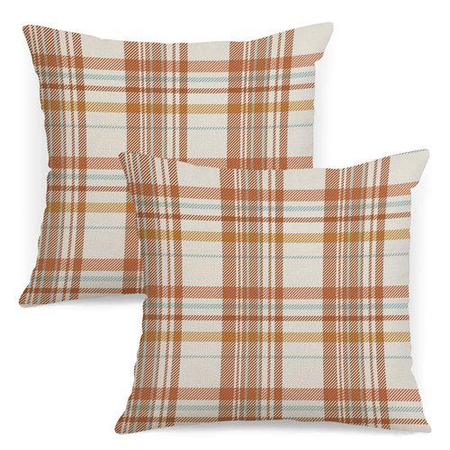 AOFANGGO Fall Pillow Covers 20x20 Set of 2 Autumn Decorative Throw Pillow Cases Orange Blue Plaids Cushion Covers Faux Linen,Farmhouse,Thanksgiving,Home Décor,Outdoor,Patio,Patch