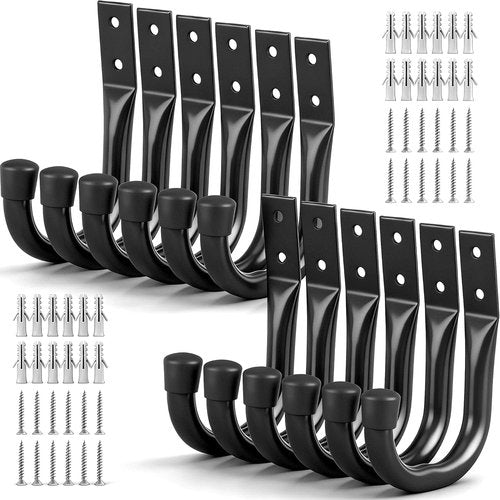 Heavy Duty Garage Storage Hooks - 12-Piece Bike Wall Mount J Hooks | Large Metal Organizer for Tools & Cords
