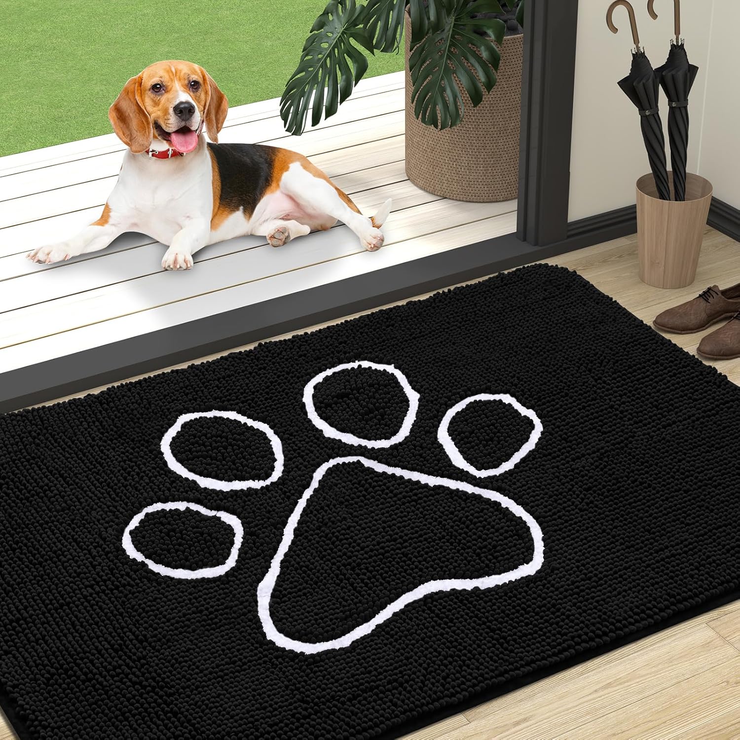 OLANLY Dog Door Mat - Absorbent Non-Slip Mud Mat for Muddy Paws | 47x32 Inches, Black Paw Print Design