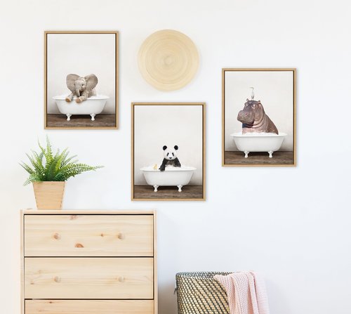 Kate and Laurel Sylvie Baby Elephant No 6 in Rustic Bath Framed Canvas Wall Art by Amy Peterson Art Studio; 18x24 Natural; Modern Fun Decorative Bathtub Wall Art for Home Décor