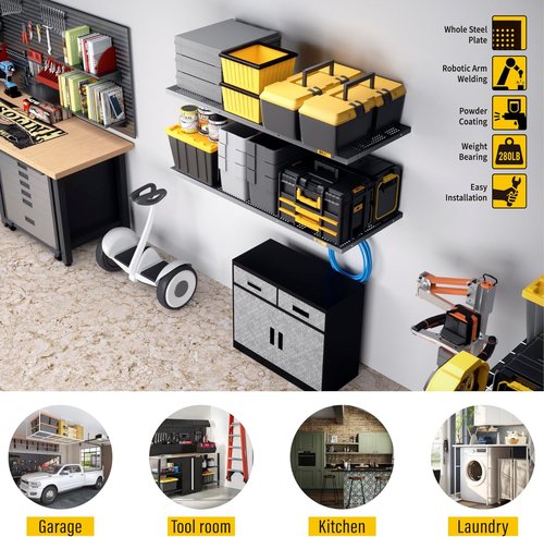 Heavy Duty Garage Wall Shelving by 2Pack - Adjustable Metal Storage Shelf | 1.64x4ft, Black