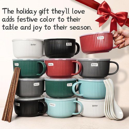 Artena 38 oz Soup Bowls - Large Microwave Safe Ceramic Ramen Bowls with Handles, Lids & Spoons | Black, 6 Inch