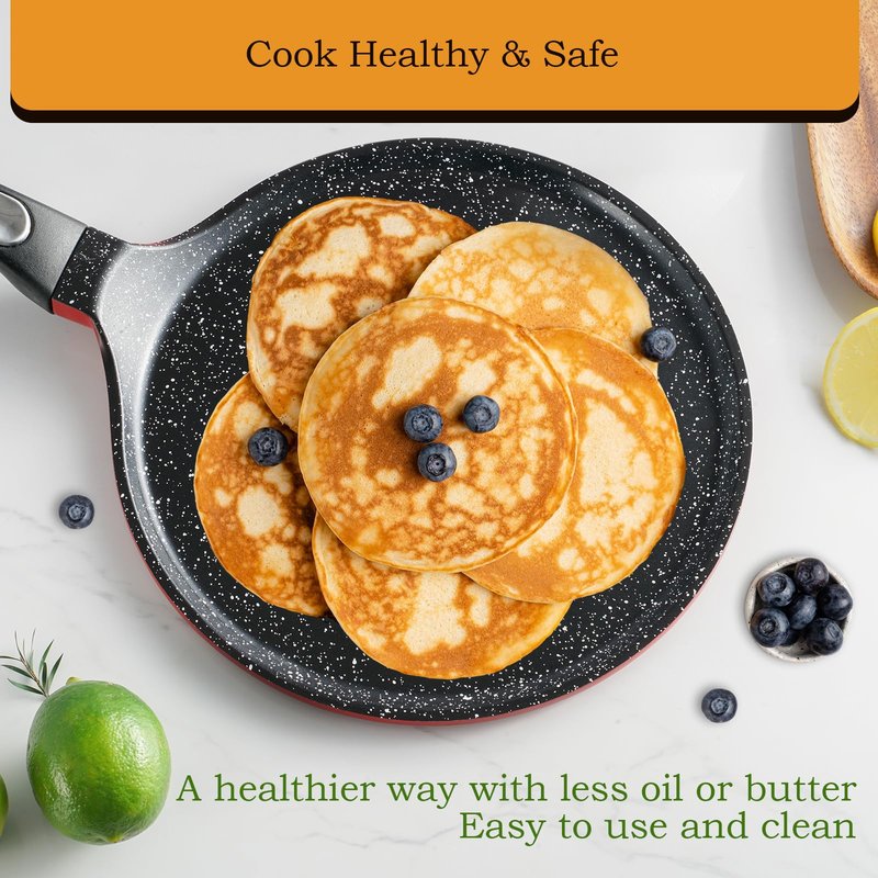 ROSSETTO Non-Stick Crepes Pan from France, Red 11in Ceramic Coating Pancake Skillet with Spreader, PFOA and PTFE-Free, Compatible with All Stovetops, for pancakes, eggs, omlets, quesadillas,tortillas