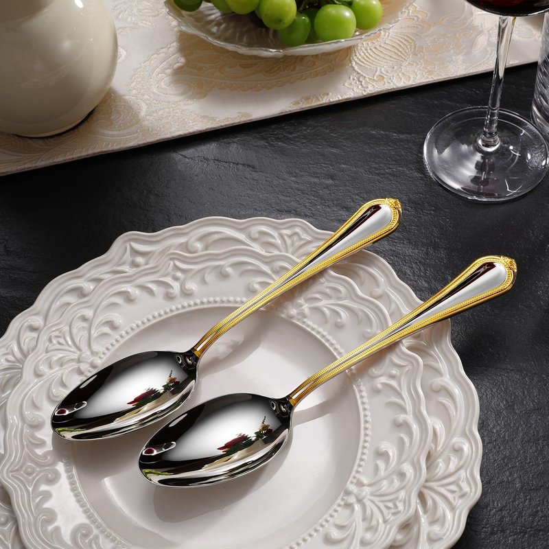 KEAWELL Pearl Edge Premium Serving Spoon Set, 18/10 Stainless Steel, 9" Fine Hostess Utensils with Refined Bead Design, Brightly Polished, Gold Accent, Dishwasher Safe (Hostess Serving Set)