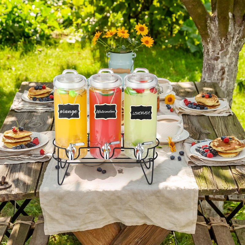 RimCereal 3 Pack 80 oz Tall Glass Drink Dispenser with Stand, Lid, Label and Stainless Steel Leakproof Spigot Beverage Water Dispenser Clear Mason Jar for Party Fridge(Round)