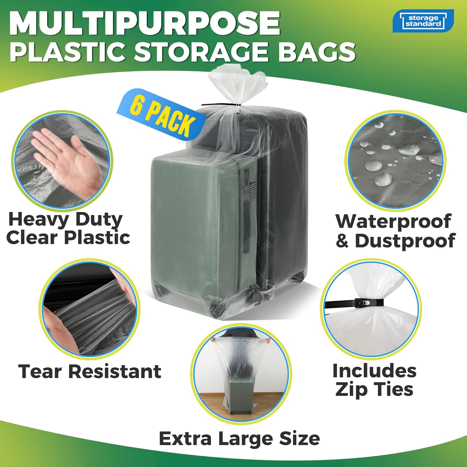 Storage Standard 6-Pack Large Clear Plastic Bags - Waterproof Heavy-Duty Zip Ties for Luggage & Travel Gear | 40 x 60 Inches