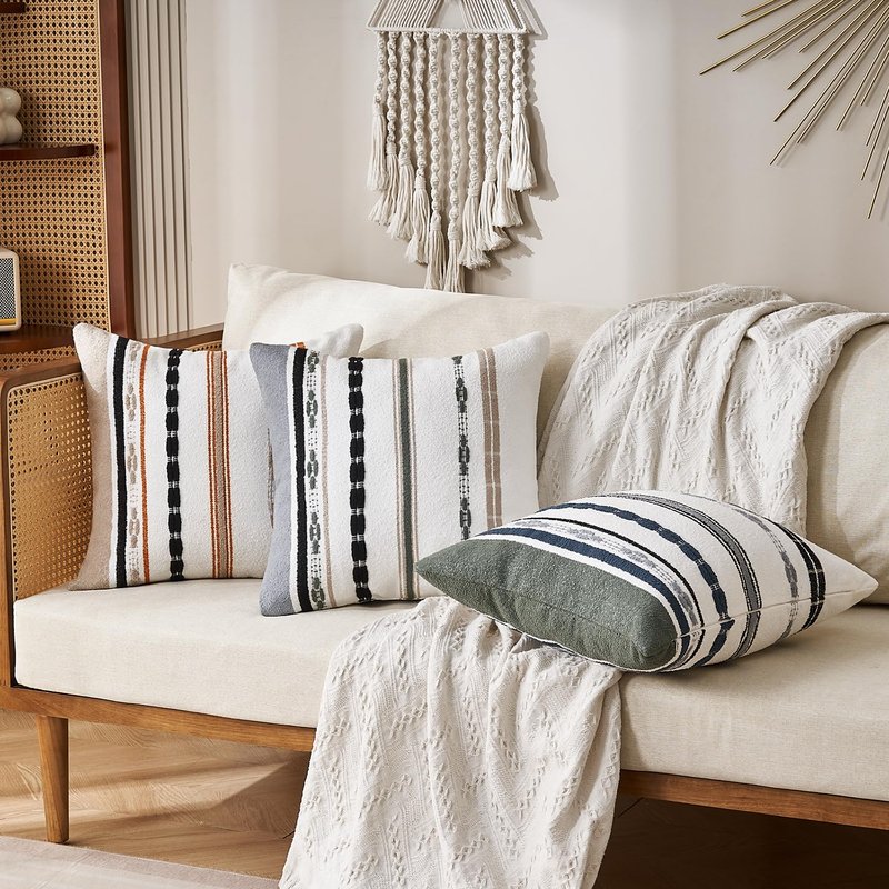 Boho Pillow Covers 18x18 Square Farmhouse Decorative Cushion Case Striped Square Cushion Cover Cozy Soft Neutral Throw Western Pillows Protector Modern Decorative for Couch Sofa Bed, Set of 2