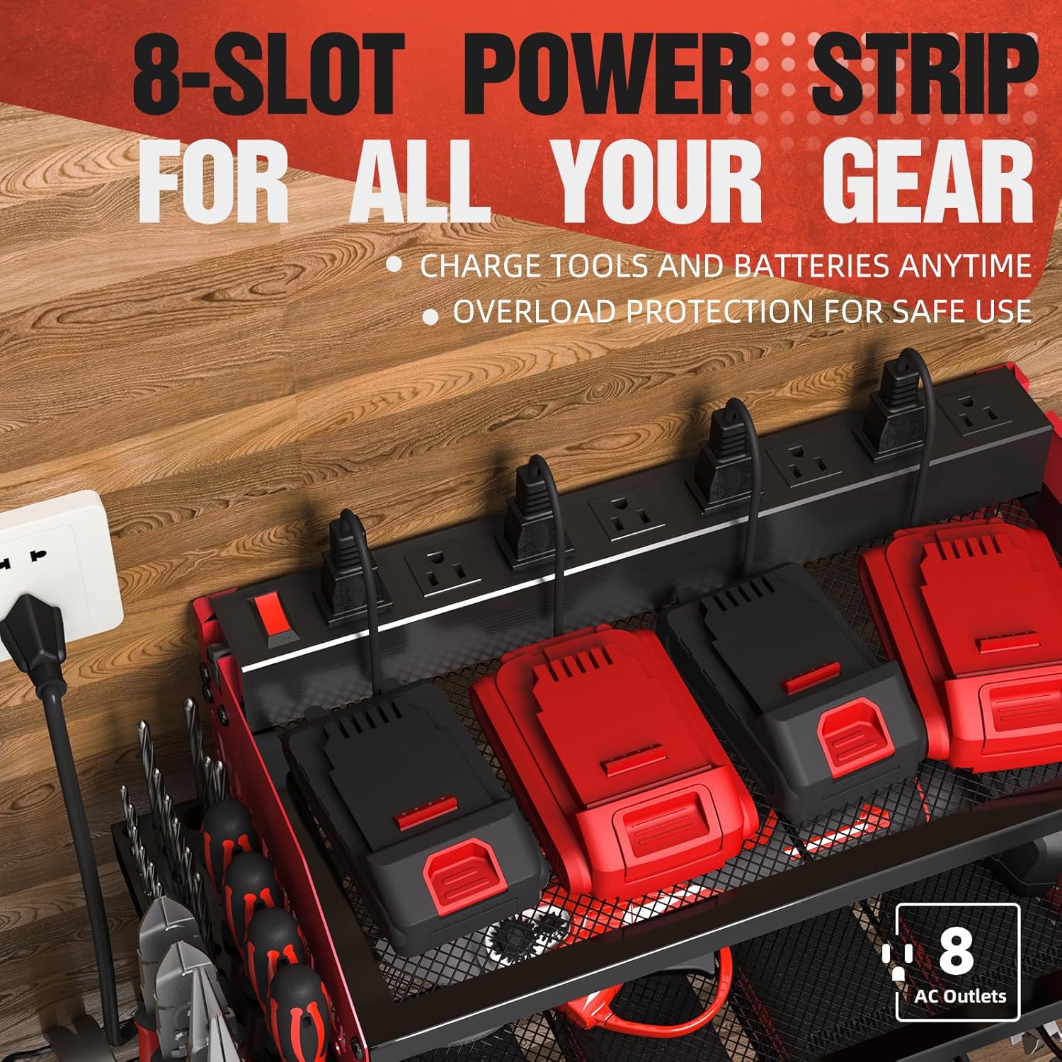 Power Tool Organizer - Heavy Duty Wall Mount Rack with Charging Station | 4 Drill Holders - Red
