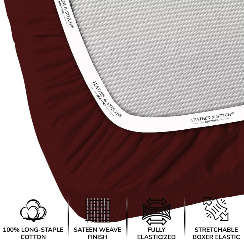 Feather & Stitch 1 Piece Fitted Sheet Full Size, 100% Cotton Damask Sateen Weave, Striped Breathable, Stretchable Elastic Sheet for Mattress 18 inch Deep Pocket, 500TC Premium Ultra Soft - Burgundy