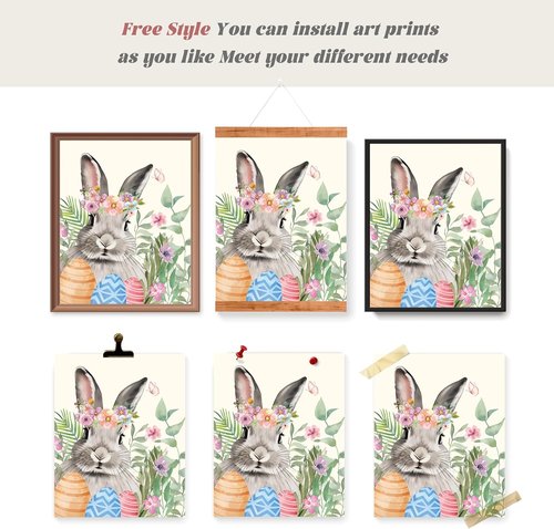 LARTSFRO Easter Decor - Bunny Wall Art Prints | Happy Easter Posters for Living Room & Bedroom | 10x8 Inch Set of 4 Unframed