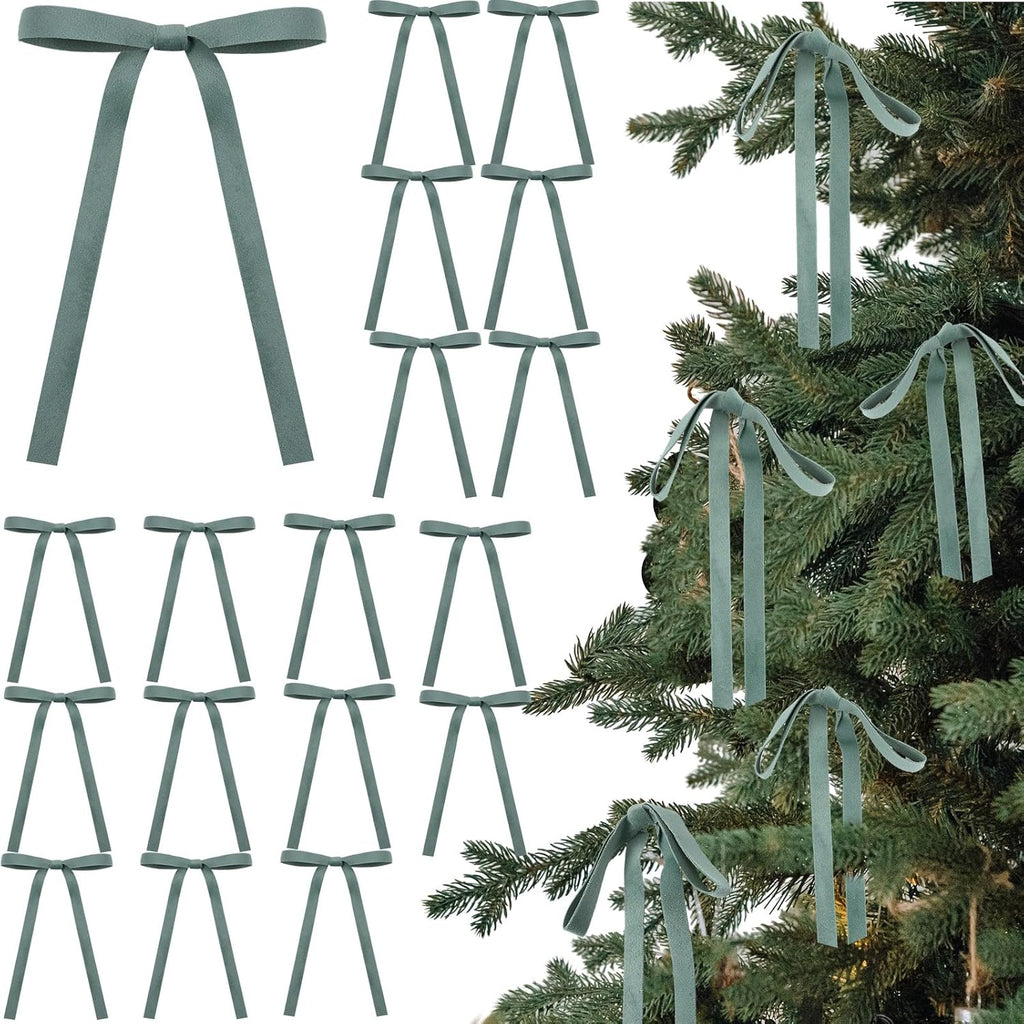 Skiennix Velvet Bows | 24 Pcs Vintage Double-Faced Ribbon Ornaments for Christmas Tree & Wreaths - Sage Green (5 x 7 Inch)