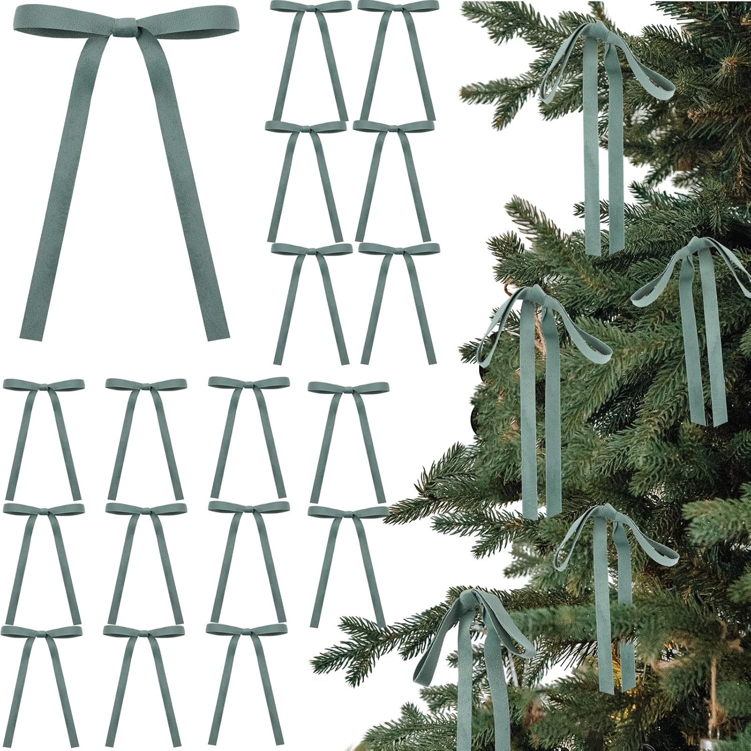 Skiennix Velvet Bows | 24 Pcs Vintage Double-Faced Ribbon Ornaments for Christmas Tree & Wreaths - Sage Green (5 x 7 Inch)