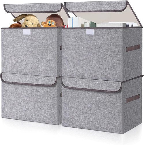 Bagnizer Foldable Storage Bin - Large 22 Quart Organizer with Flip-Top Lid & Handles | Gray, 4 Pack (14.6 x 9.5 x 9.5”)