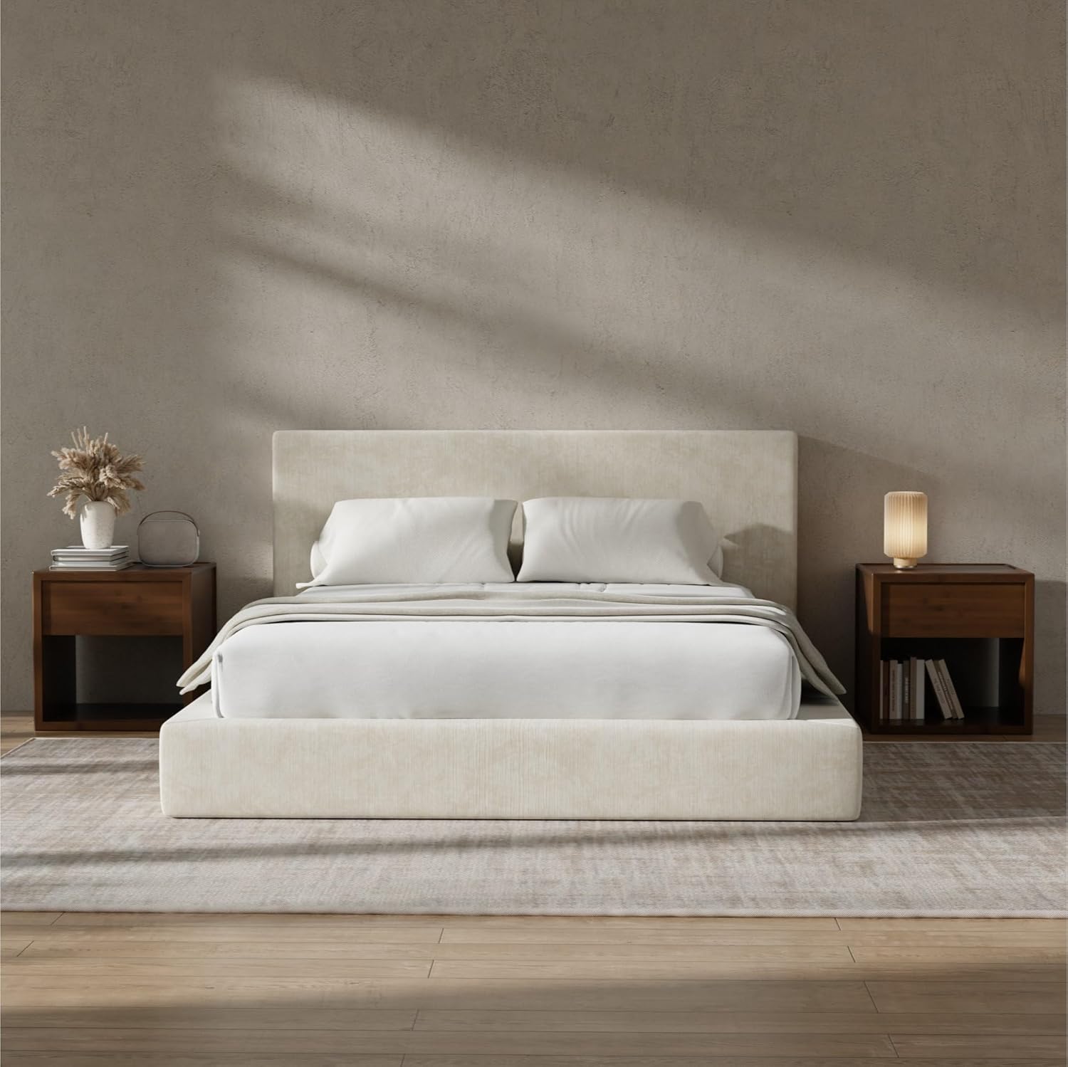 RECCI AirFrame Queen Bed Frame - Cloud Upholstered Platform with Headboard, 5-Inch Foam Cushioned, Easy Assembly | Beige Chenille