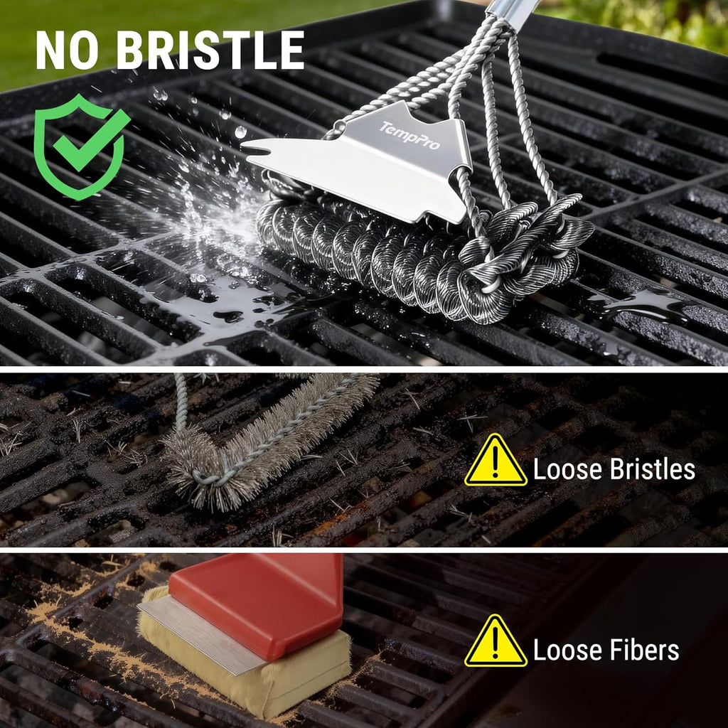 TempPro BBQ Grill Brush - Bristle-Free Stainless Steel Cleaner with Wide Scraper | Safe All-Grate Accessory