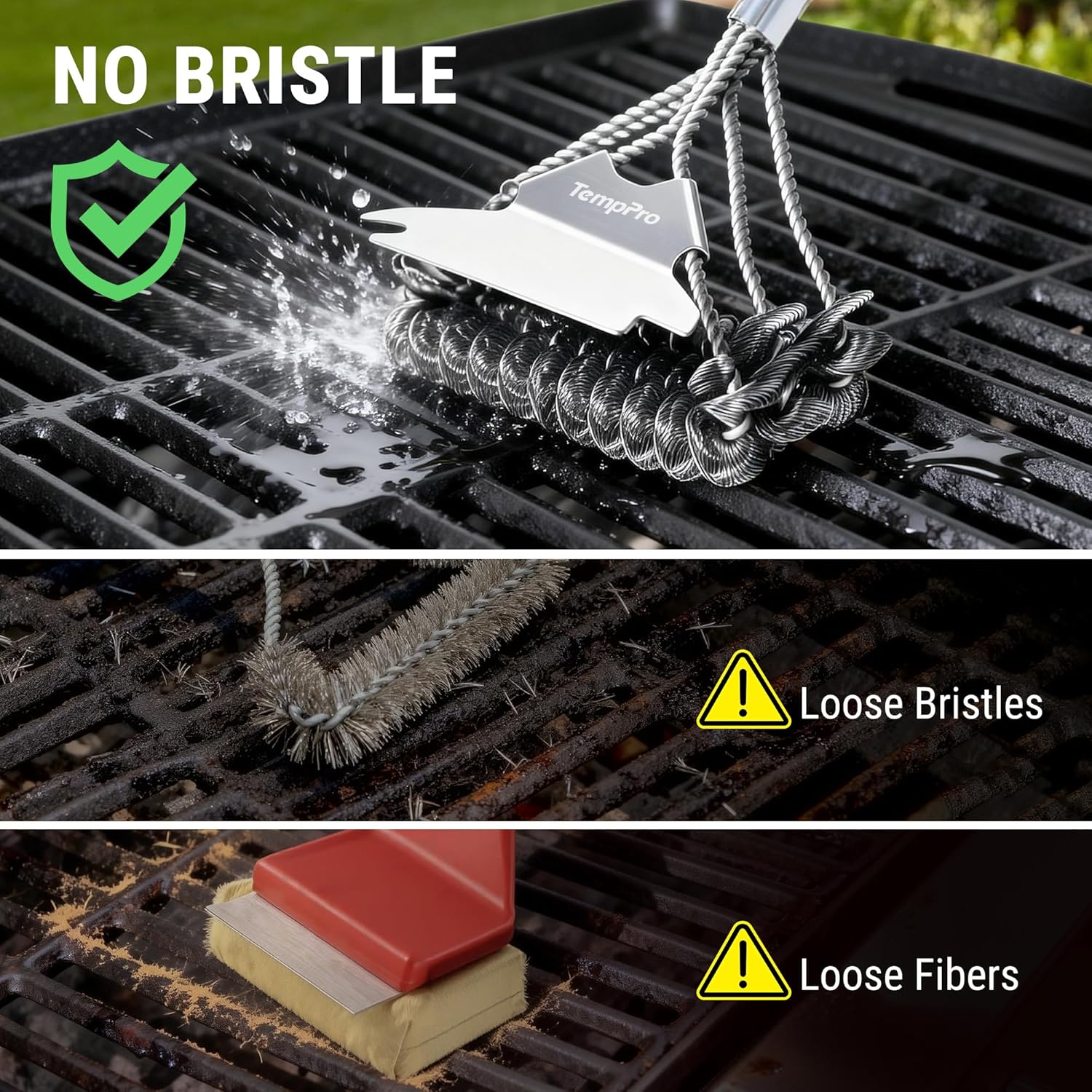 TempPro BBQ Grill Brush - Bristle-Free Stainless Steel Cleaner with Wide Scraper | Safe All-Grate Accessory