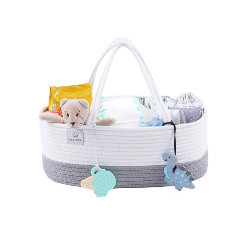 Mila Millie XXL Extra Large Cotton Rope Diaper Caddy, Storage Bin for Nursery Essentials, 100% Natural Cotton Eco-Friendly, Organizer with Removable Divider (White & Gray)