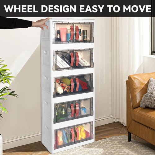 Simple Deluxe Plastic Storage Bins with Lids, 200 Qt (50 Gal) Storage Cabinet, 5 Pack Stackable Beige Closet Organizer, 20.5 x 11.4 x 52.4Inch Foldable Plastic Storage Container with Door