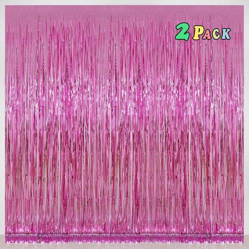 Melsan Pink Foil Fringe Curtains - 3.2 x 8 Ft Metallic Tinsel Backdrop for Baby Showers & Birthday Parties | Pack of 2