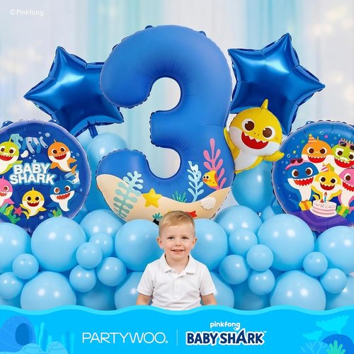 **PartyWoo Baby Shark Blue Foil Number 3 Balloon - 5pcs 18 Inch Round Mylar Helium Decorations for Kids' Birthday**