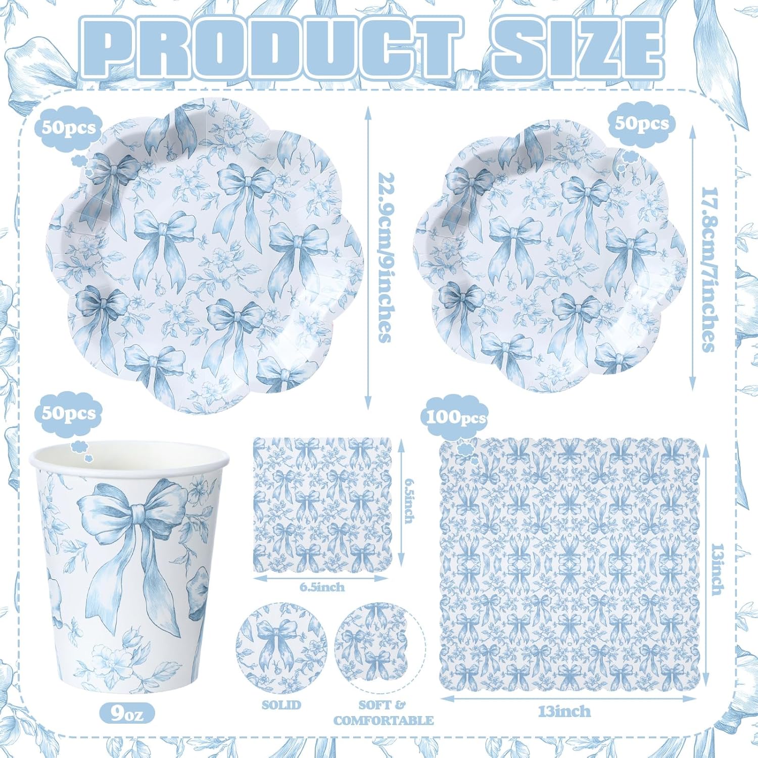 Newtay Disposable Tableware Set - 250 Pcs Blue Floral Plates & Napkins for 50 Guests | Perfect for Weddings & Showers