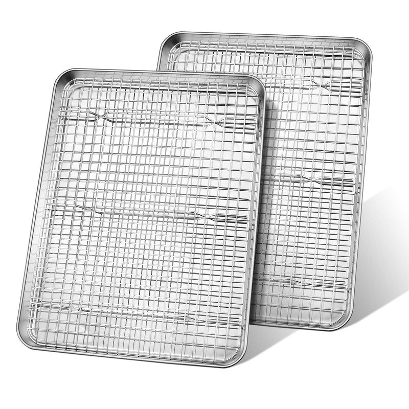 Half Sheet Baking Pan & Wire Rack, Leonyo 17.5" x 13" Large Stainless Steel Cookie Sheets with Cooling Rack Set, Nonstick & Oven Safe Commercial Baking Tray Pans - 4 Pack