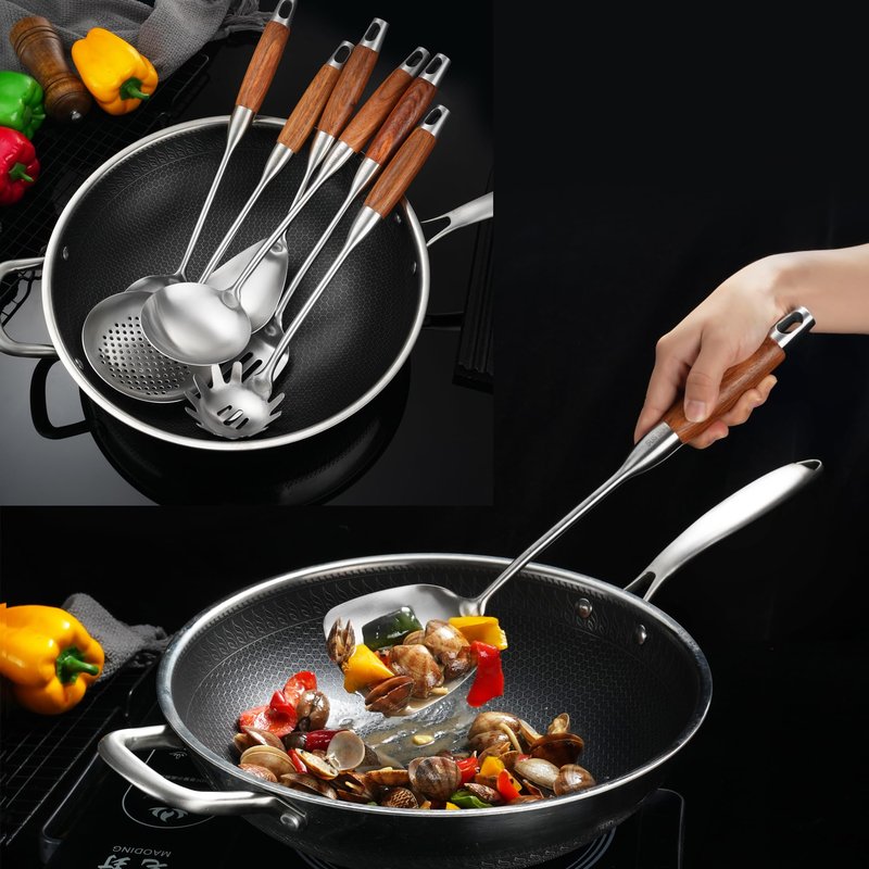 NIITAWH Stainless Steel Kitchen Utensils Set with Wooden Handle for Cooking 9 PCS with Solid and Slotted Spoon, Fork, Spatula, Ladle, Skimmer, Slotted Tunner, Spaghetti and Large Spoon
