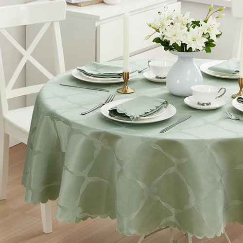 Newbridge Ribbons and Bows Damask Spring & Easter Holiday Fabric Tablecloth, Sage Green, 70 Inch Round, Wrinkle & Stain Resistant Table Cover