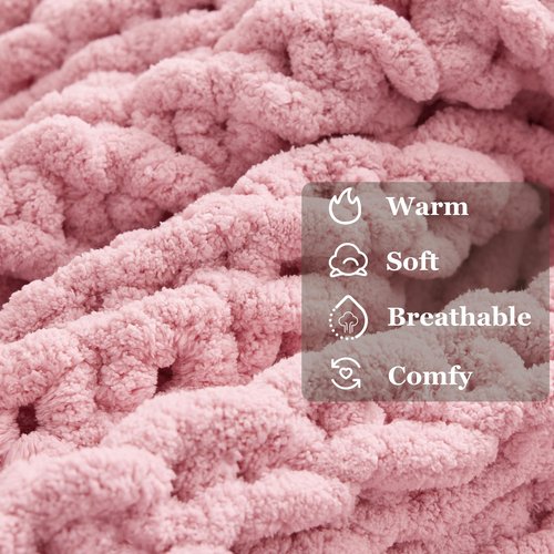 Chenille Chunky Knit Throw Blanket 60"×80" 100% Hand Knitted with Thick Jumbo Chenille Yarn for Bed Couch Soft Cozy and Machine Washable Cute Comfy Blanket for Home Decor ((Light Pink, 60"×80")