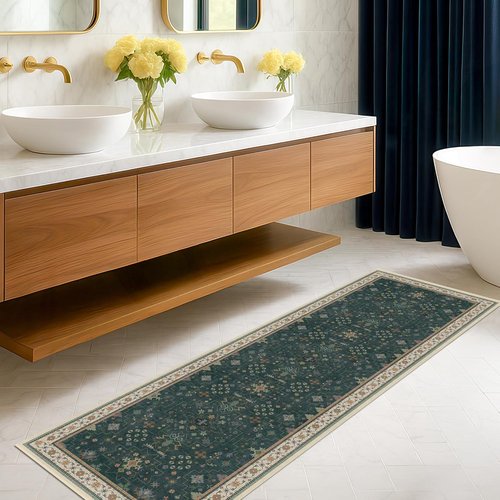 Hazo Haus Vintage 2x7 Washable Runner Rug - Non-Slip, Stain Resistant, Dark Green Floral Design
