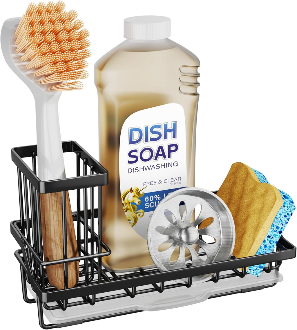SWTYMIKI Sink Caddy Sponge Holder - Stainless Steel Kitchen Organizer for Dish Soap & Sponges, Black