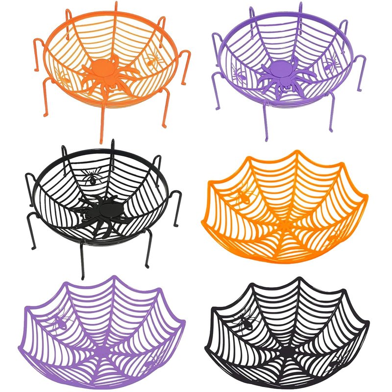 6 Pcs 11Inch Halloween Candy Bowl Set, Spider Web Design, 3 with legs & 3 without, Black/Orange/Purple—Haunted House Table Decor, Trick-or-Treat, Party Supplies, Eye-catching even without candies
