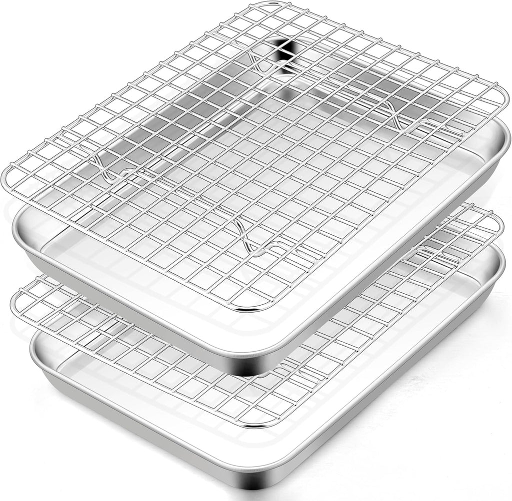 TeamFar Stainless Steel Toaster Oven Pan Set - 9 x 7 Inch Mini Baking Tray with Rack | Heavy-Duty & Dishwasher Safe