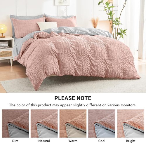 HYMOKEGE Queen Comforter Set - Luxurious 7-Piece Seersucker Bedding in Rose Gold & Light Grey