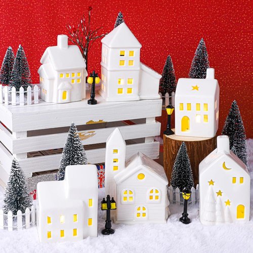 Fovths Christmas Village Set - 37-Piece Lighted Ceramic Houses with Remote Control LED Tealights & Accessories