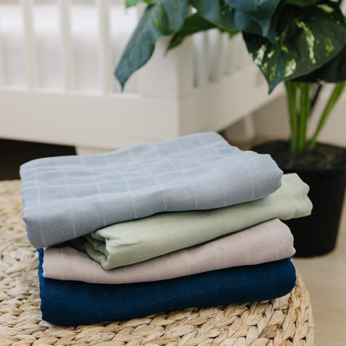 Featherhead™ Cotton Muslin Swaddle Blankets - Soft & Breathable 47”x47” - Perfect Baby Girl Gift (4 Pack - Blue Solids)